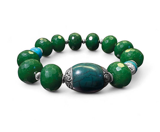 Ethno Armband Jade Grün Facettiert Tibet-Perle Türkis Dehnbar Unikat 925 Sterling Silber Schmuck Reichenberger