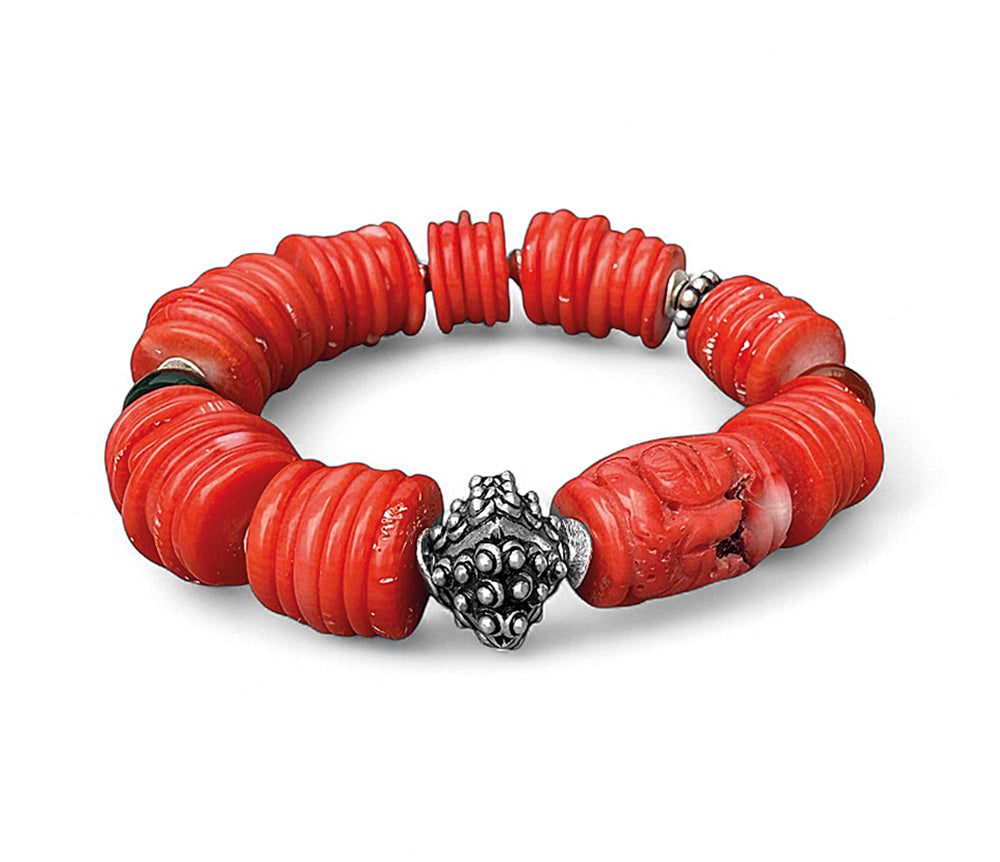 Ethno Armband Bambuskoralle Coral Orange Tibet-Perle Jade Dehnbar Unikat 925 Sterling Silber Schmuck Reichenberger
