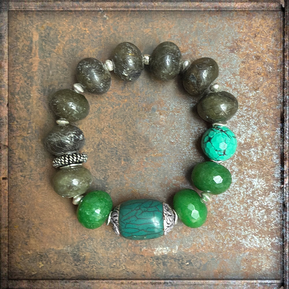Ethno Boho Armband Labradorit Jade Dehnbar Unikat 925 Sterling Silber Schmuck Reichenberger