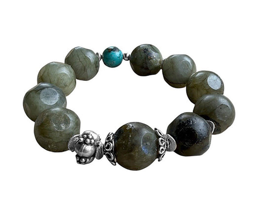 Ethno Armband Labradorit Oliv 925 Sterling Silber Dehnbar Unikat