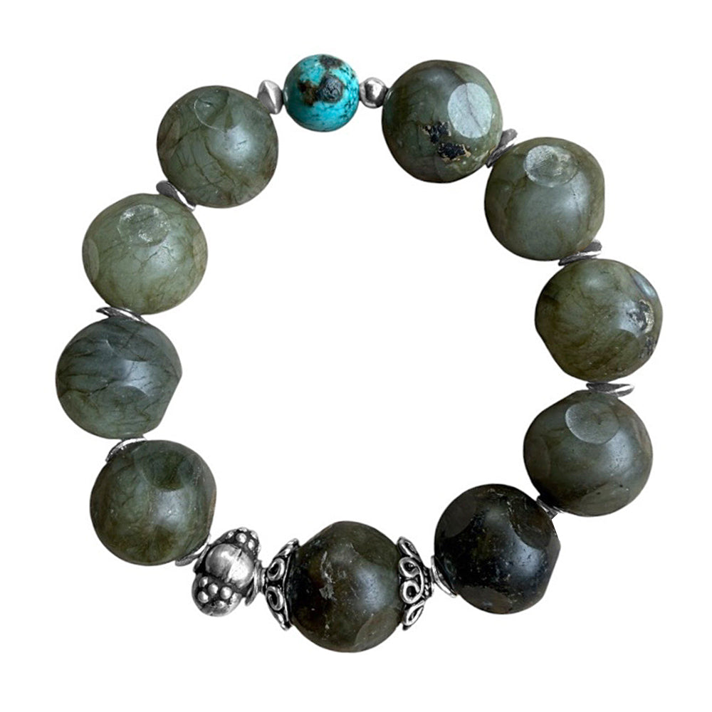 Ethno Armband Labradorit Oliv Sterling Silber Dehnbar Unikat