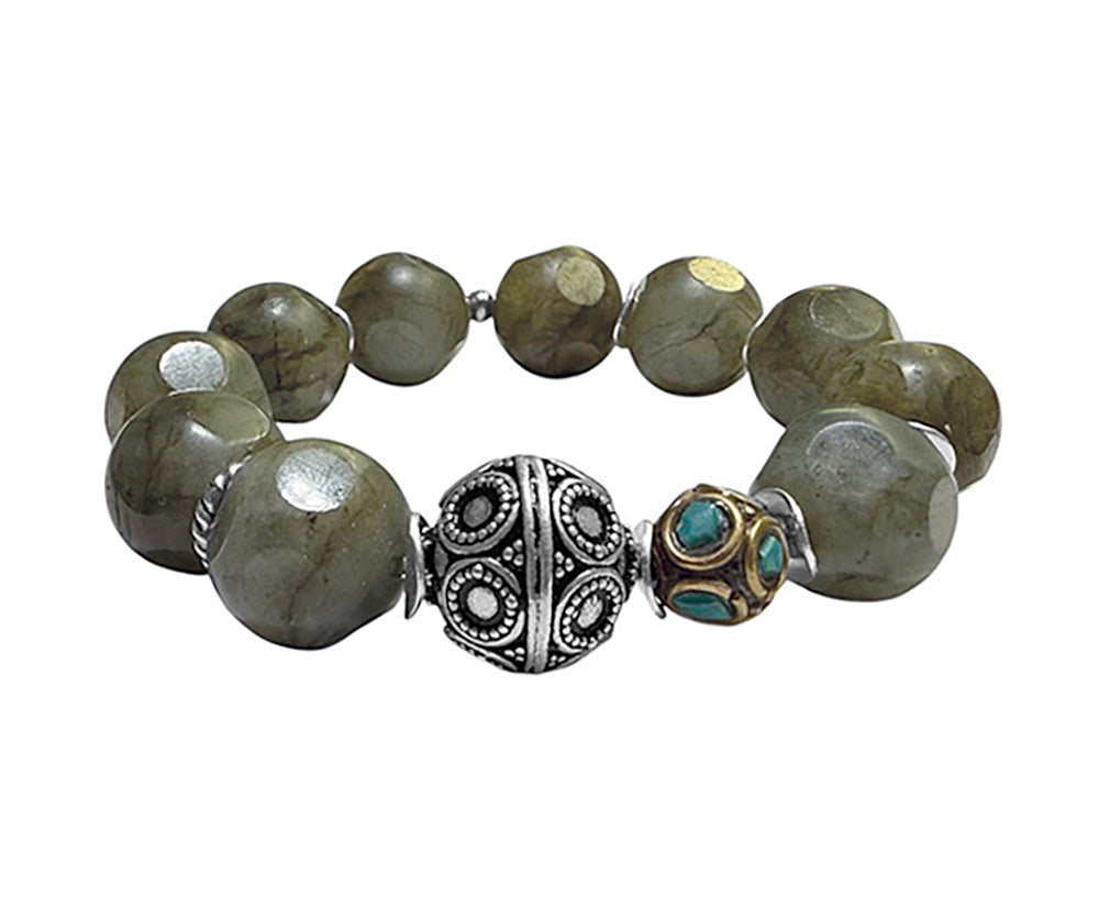 Ethno Armband Labradorit Oliv Tibetperle Mosaik Türkis Sterling Silber Dehnbar Handgefertigtes Boho-Unikat