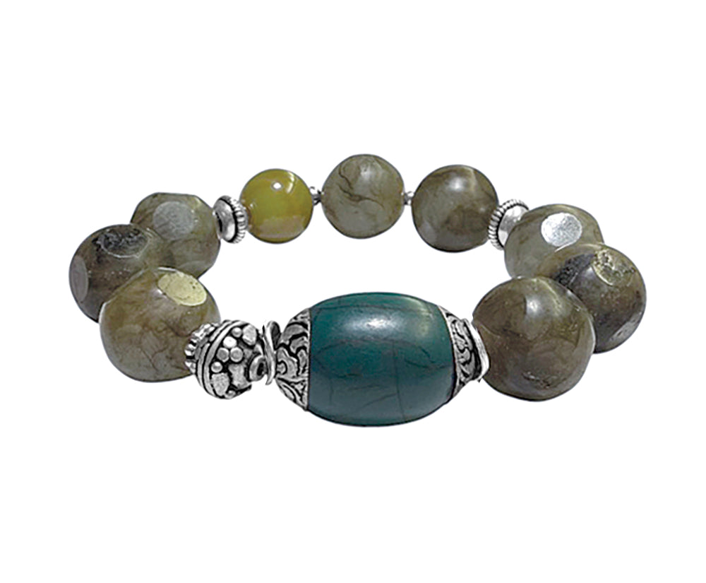 Ethno Armband Labradorit Oliv Tibet-Perle Achat Grün Sterling Silber Dehnbar Handgefertigtes Boho-Unikat