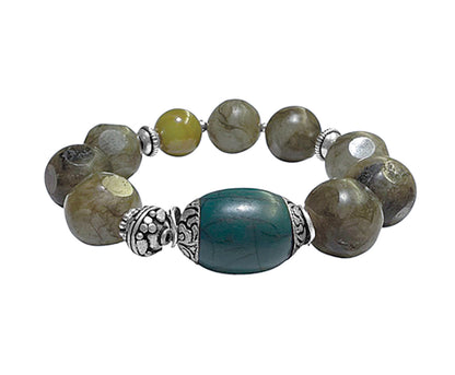 Ethno Armband Labradorit Oliv Tibet-Perle Achat Grün Sterling Silber Dehnbar Handgefertigtes Boho-Unikat