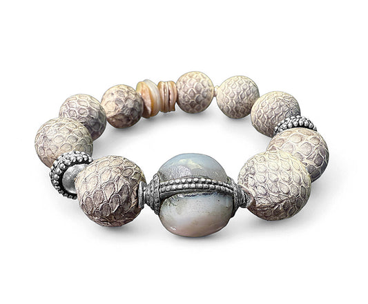 Ethno Boho Armband Lederperlen Naturfarben Hornperle Tibet Dehnbar Unikat Sterling Silber Schmuck Reichenberger

