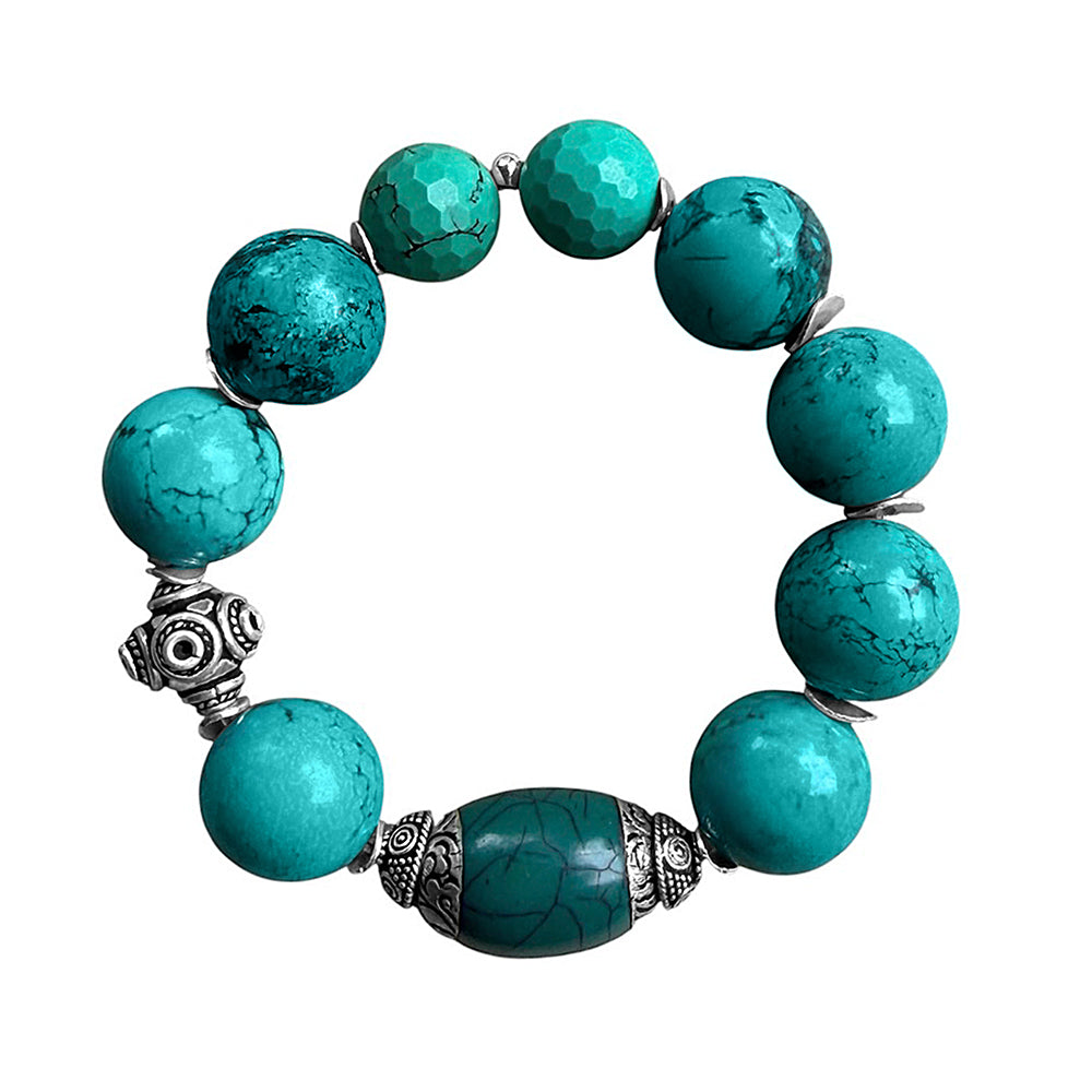 Ethno Armband Magnesit Türkis Facettierter Howlith Tibetische Achatperle 925 Silber Dehnbar Unikat