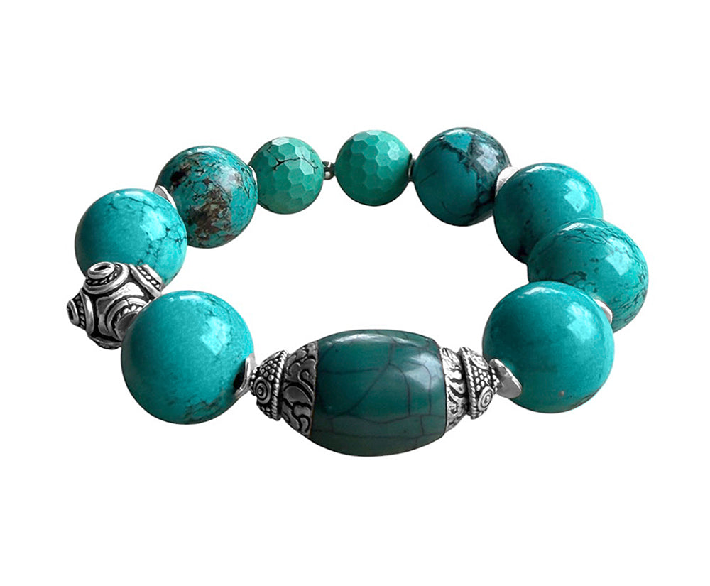 Ethno Armband Magnesit Türkis Facettierter Howlith Tibetische Achatperle 925 Sterling Silber Dehnbar Unikat