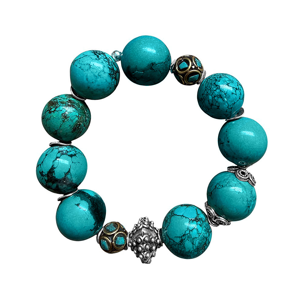 Ethno Armband Magnesit Türkis Tibet-Perlen Sterling Silber Dehnbar Unikat
