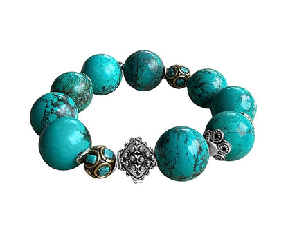 Ethno Armband Magnesit Türkis Tibet-Perlen 925 Sterling Silber Dehnbar Unikat