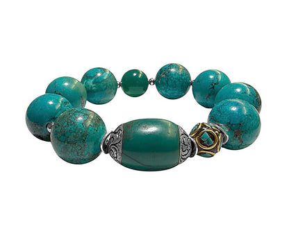Ethno Armband Magnesit Türkis Tibet-Perle Achat Grün Tibetische Mosaik-Perle Türkis 925 Sterling Silber Dehnbar Handgefertigtes Boho-Unikat