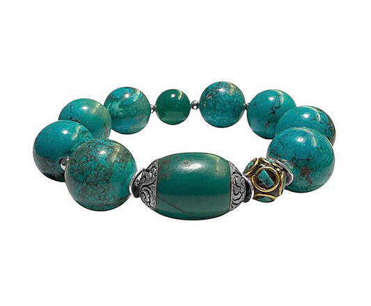 Ethno Armband Magnesit Türkis Tibet-Perle Achat Grün Tibetische Mosaik-Perle Türkis 925 Sterling Silber Dehnbar Handgefertigtes Boho-Unikat
