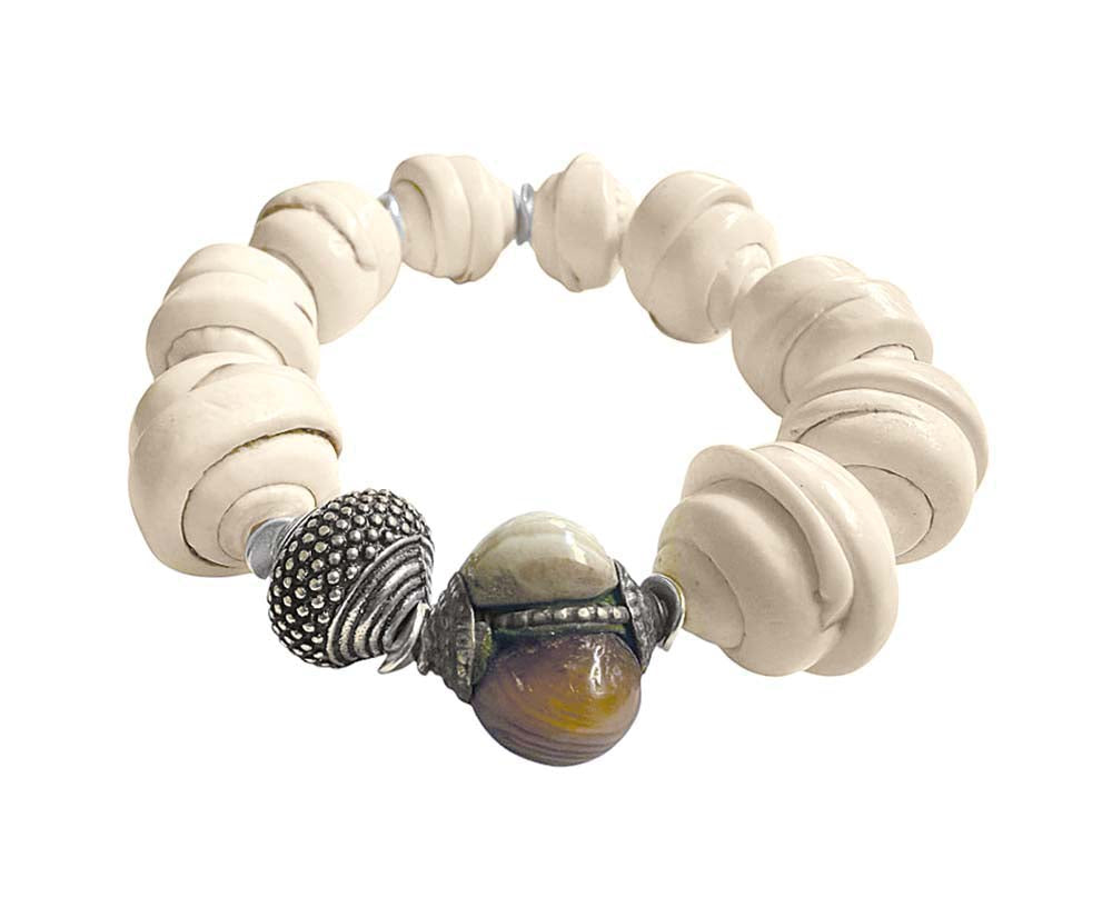 Ethno Armband Unikat Muschelperlen Naturfarben Vintage Hornperle 925 Sterling Silber Silberperle Silberelemente Dehnbar Boho-Style