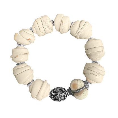 Ethno Armband Unikat Muschelperlen Vintage Hornperle 925 Silber Silberperle Silberelemente Dehnbar Boho-Style