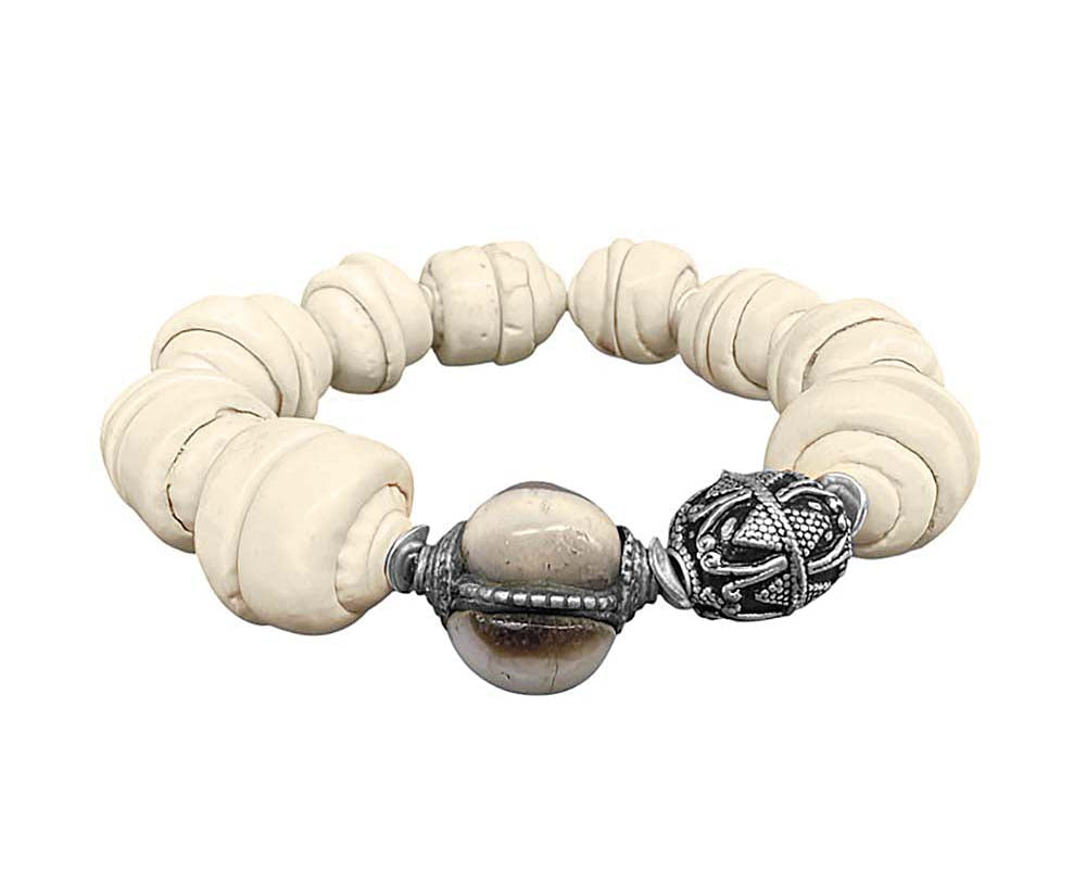 Ethno Armband Unikat Muschelperlen Vintage Hornperle 925 Sterling Silber Silberperle Silberelemente Dehnbar Boho-Style