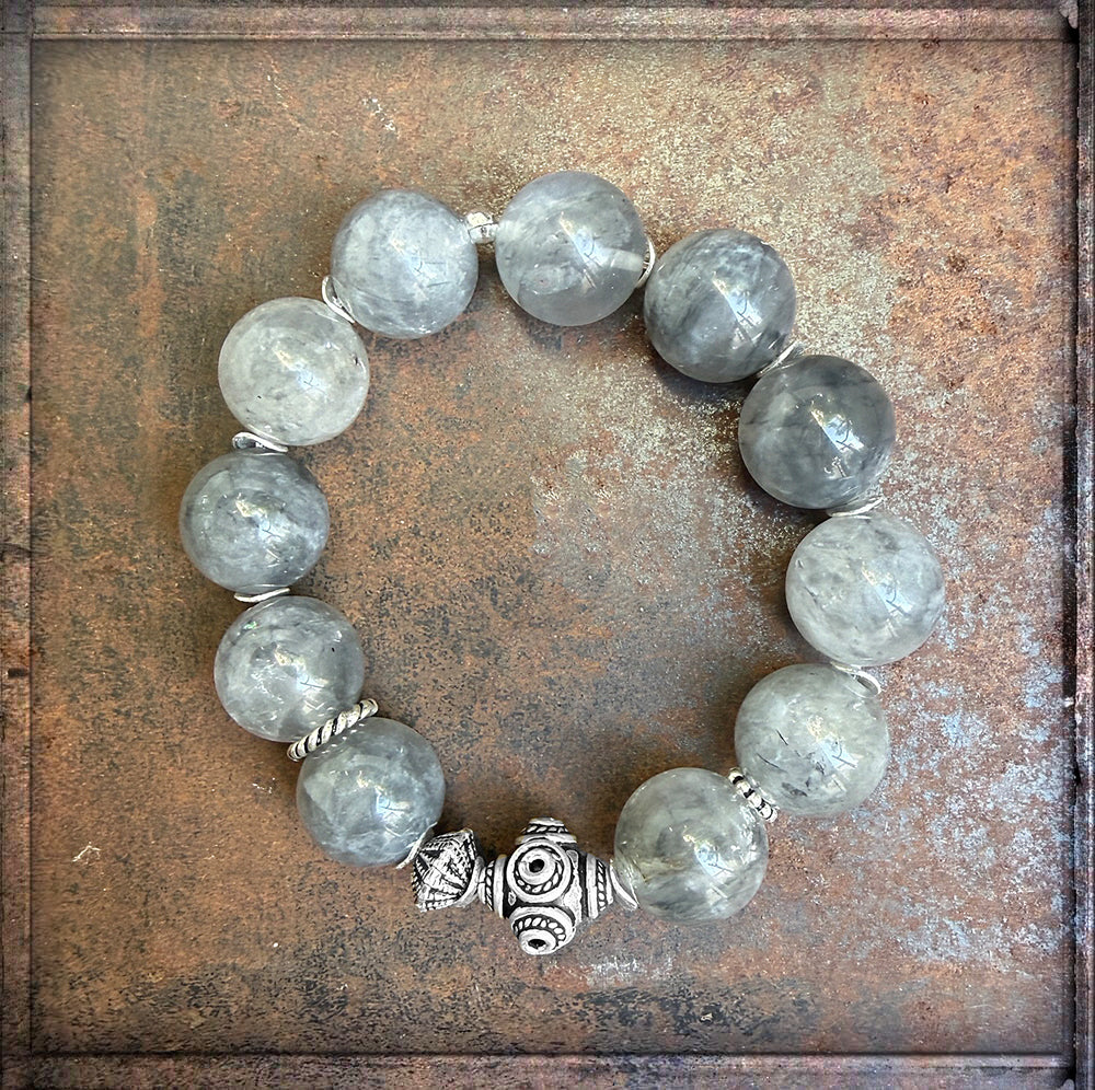 Ethno Armband Grauer Quarz Silber Dehnbar Boho Unikat