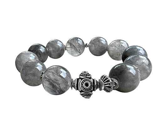 Ethno Armband Grauer Quarz 925 Sterling Silber Dehnbar Unikat