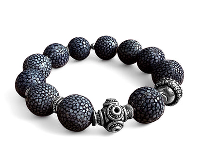 Armband Rochenleder-Perlen Blaugrau Ethno Boho Dehnbar 925 Silber Unikat 