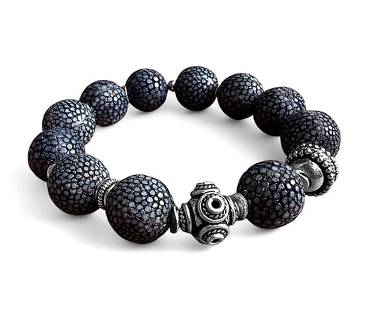 Armband Rochenleder-Perlen Blaugrau Ethno Boho Dehnbar 925 Silber Unikat 