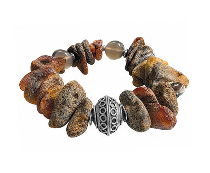 Ethno-Armband Unikat Rohbernstein-Nuggets Matt Cognac Braun Vintage-Hornperle Achat Taupe Verzierte Silberperle 925 Sterling Silber Dehnbar