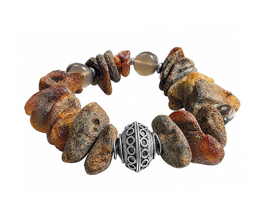 Ethno-Armband Unikat Rohbernstein-Nuggets Matt Cognac Braun Vintage-Hornperle Achat Taupe Verzierte Silberperle 925 Sterling Silber Dehnbar