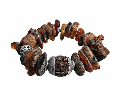 Ethno-Armband Unikat Rohbernstein-Nuggets Matt Cognac Braun Tibet-Perle Rudraksha-Samen Silberverzierungen 925 Sterling Silber Dehnbar