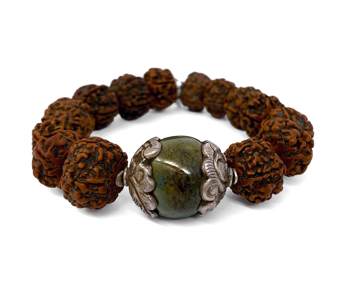 Ethno Boho Armband Rudraksha Keramikperle 925 Silber Dehnbar Unikat