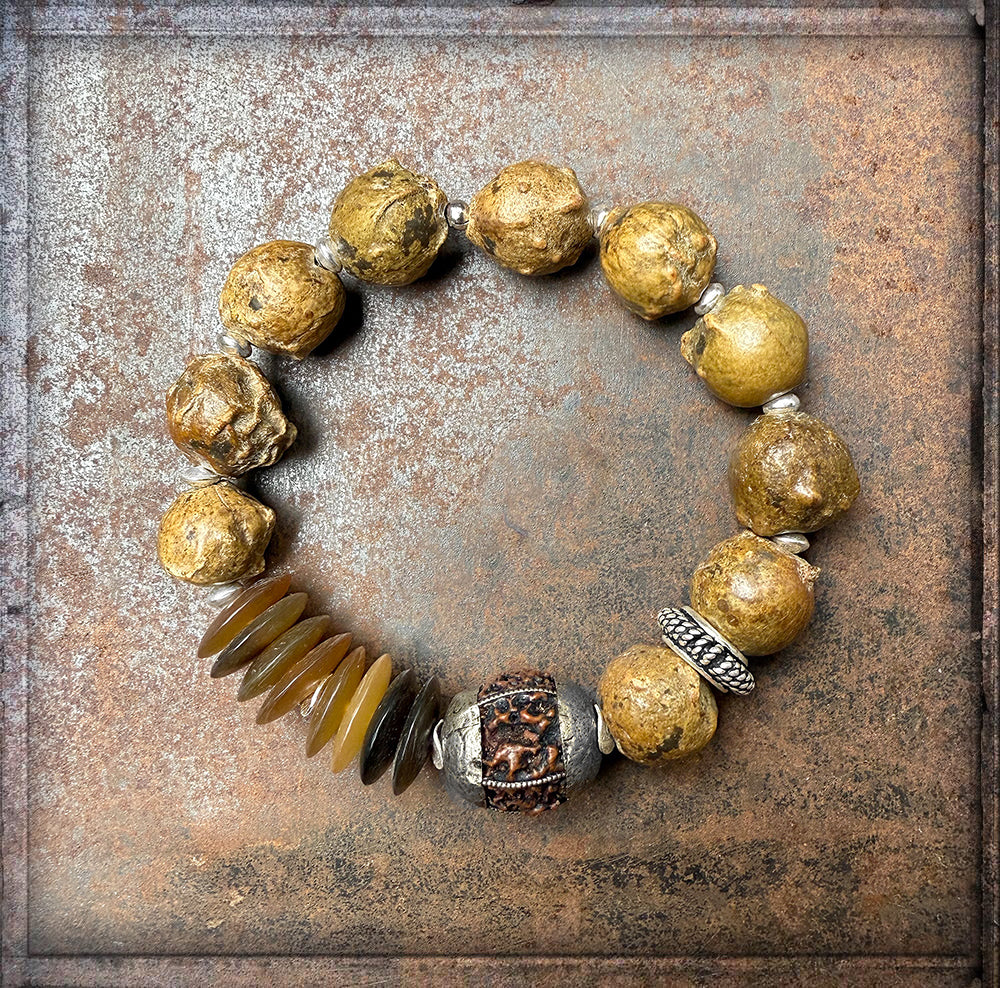 Ethno Armband Samenperlen Horn Rudraksha Perle Dehnbar Unikat Sterling Silber Schmuck Reichenberger