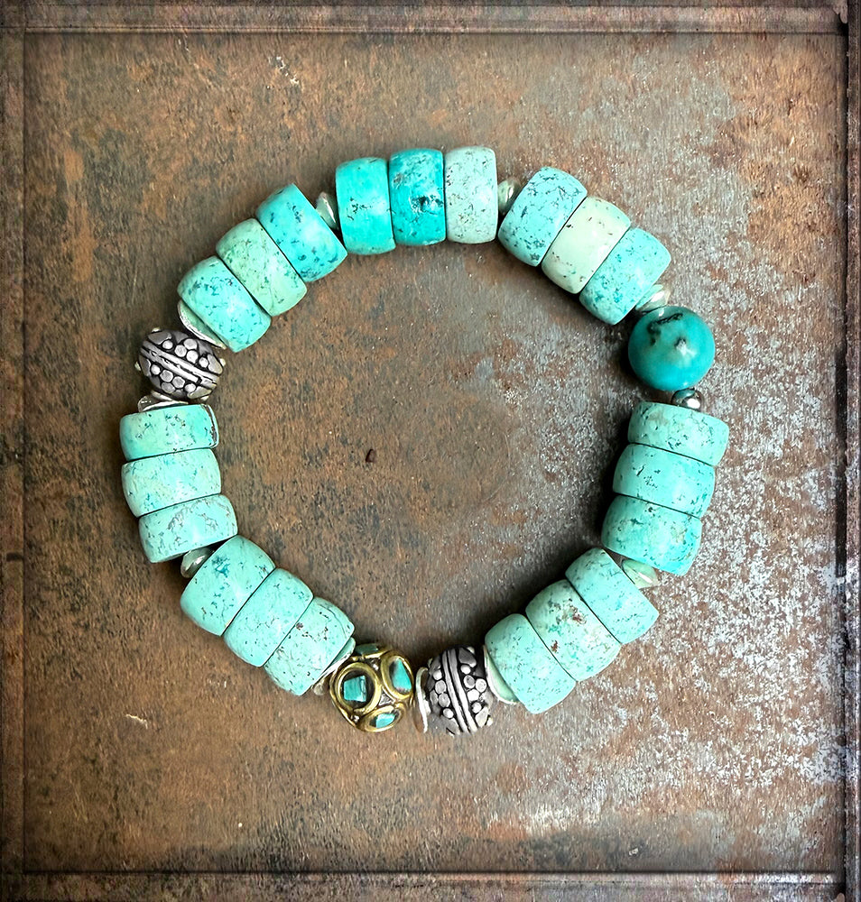 Ethno Armband Türkis-Flats Tibetische Mosaik-Perle Türkis 925 Silberperlen Dehnbar Handgefertigtes Boho-Unikat