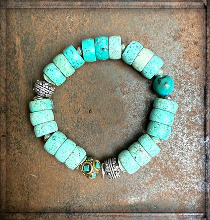 Ethno Armband Türkis-Flats Tibetische Mosaik-Perle Türkis 925 Silberperlen Dehnbar Handgefertigtes Boho-Unikat