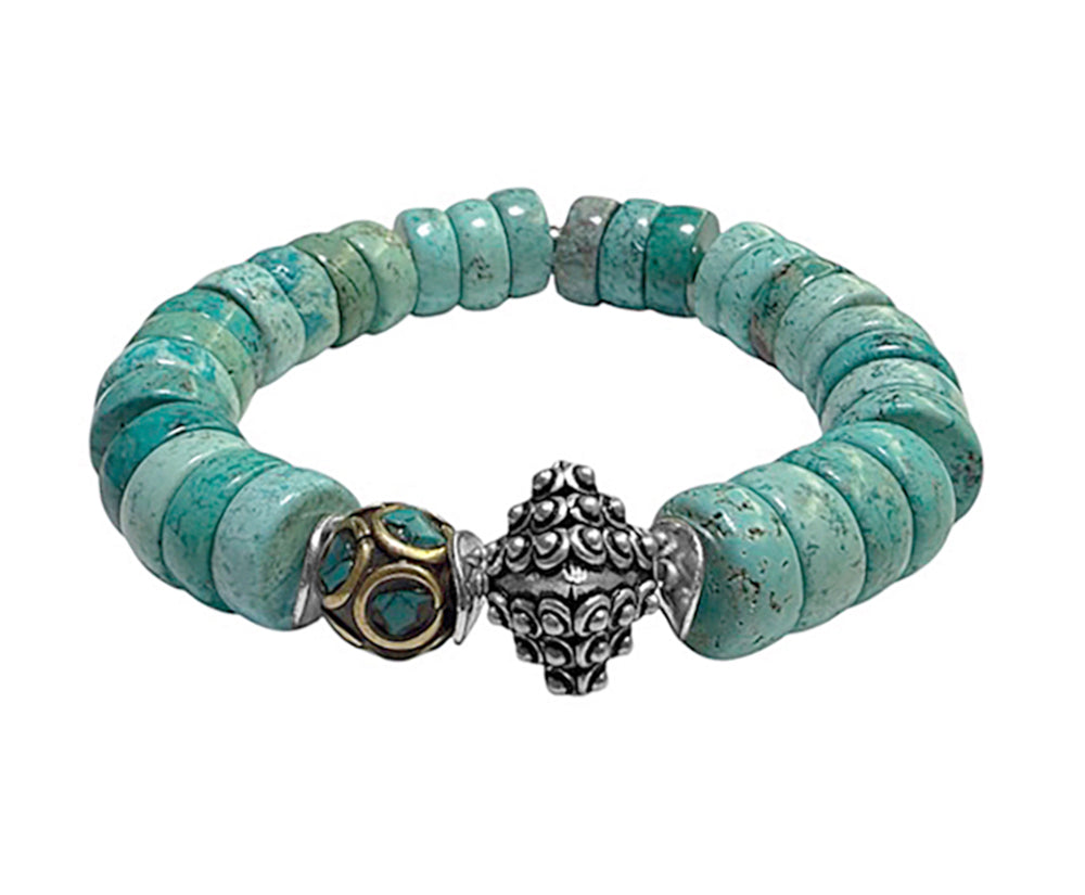 Ethno Armband Türkis-Flats Tibetische Mosaik-Perle Türkis 925 Sterling Silber Dehnbar Handgefertigtes Boho-Unikat