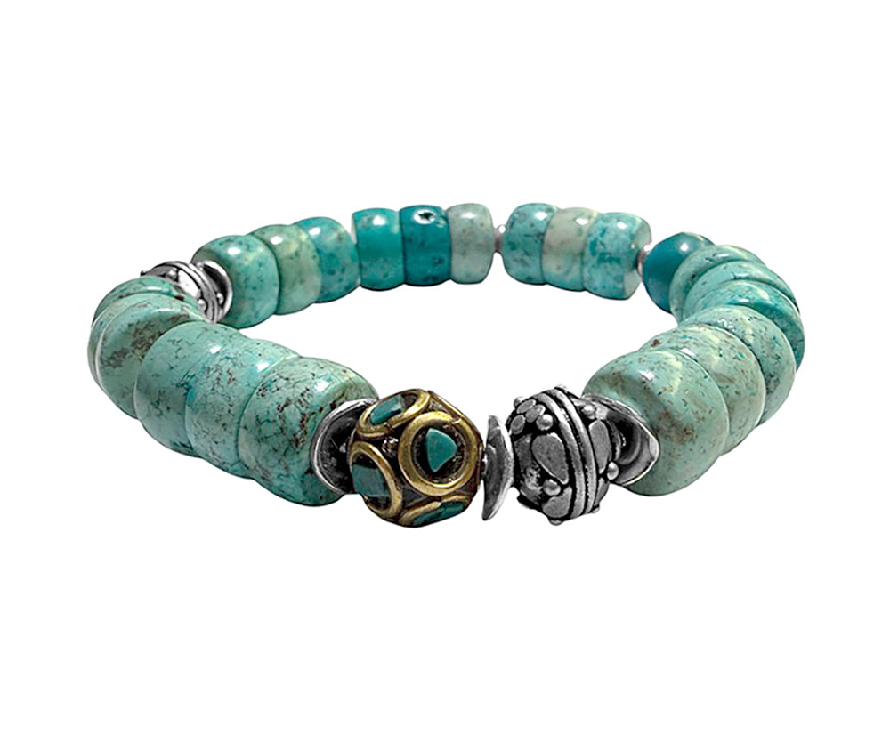 Ethno Armband Türkis-Flats Tibetische Mosaik-Perle Türkis 925 Sterling Silberperlen Dehnbar Handgefertigtes Boho-Unikat