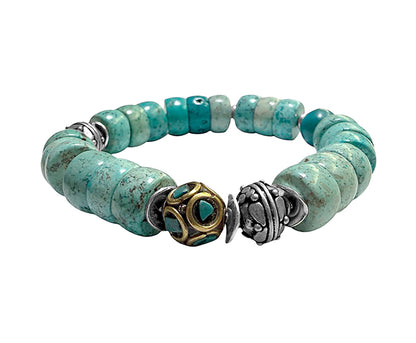Ethno Armband Türkis-Flats Tibetische Mosaik-Perle Türkis 925 Sterling Silberperlen Dehnbar Handgefertigtes Boho-Unikat