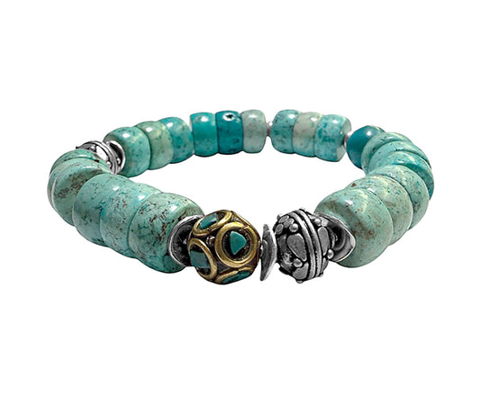 Ethno Armband Türkis-Flats Tibetische Mosaik-Perle Türkis 925 Sterling Silberperlen Dehnbar Handgefertigtes Boho-Unikat