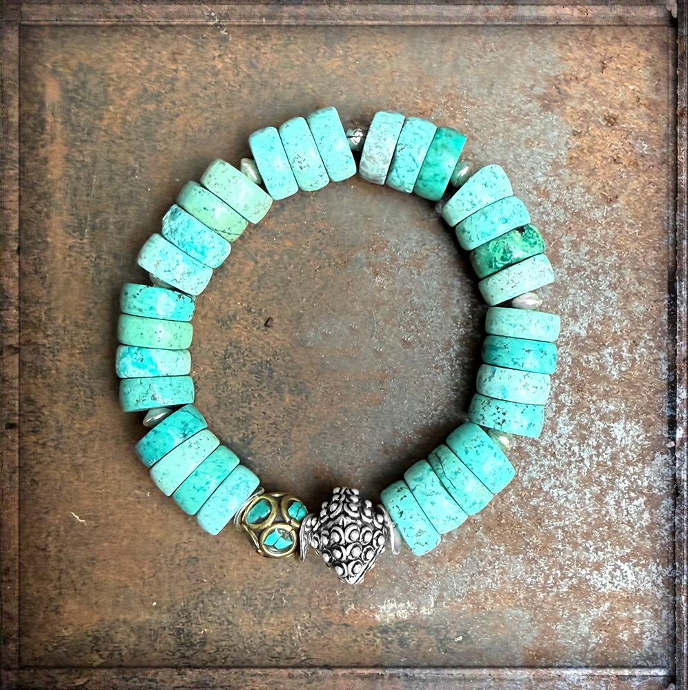 Ethno Armband Türkis-Flats Tibetische Mosaik-Perle Türkis Sterling Silber Dehnbar Handgefertigtes Boho-Unikat