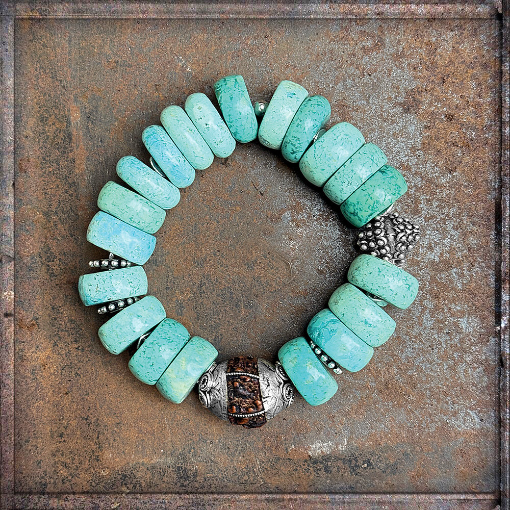 Armband Ethno Boho Türkis Rudraksha Tibet Perle Sterling Silber Dehnbar Unikat Schmuck Reichenberger