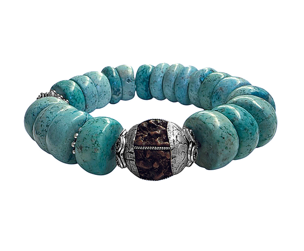 Armband Ethno Boho Türkis Rudraksha Perle Sterling Silber Dehnbar Unikat Schmuck Reichenberger