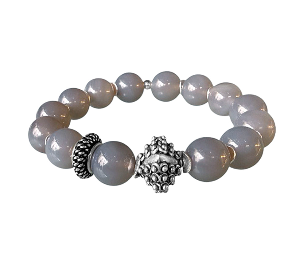 Armband Ethno Boho Achat Grau Sterling Silber Dehnbar Unikat 
