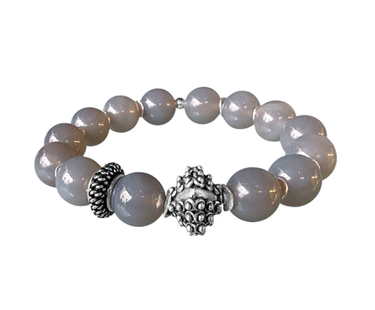 Armband Ethno Boho Achat Grau Sterling Silber Dehnbar Unikat 
