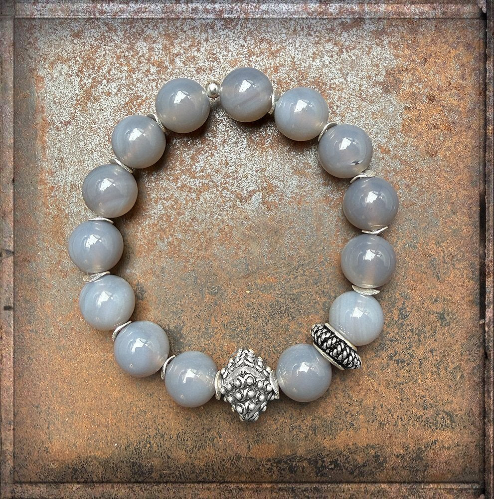 Armband Ethno Boho Achat Grau 925 Sterling Silber Dehnbar Unikat Schmuck Reichenberger