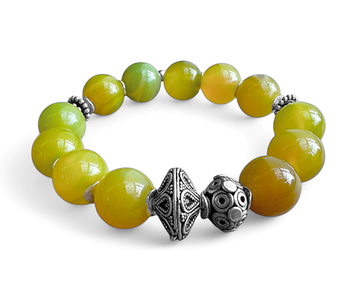 Achat Armband Ethno Boho Grün Dehnbar 925 Silber Unikat