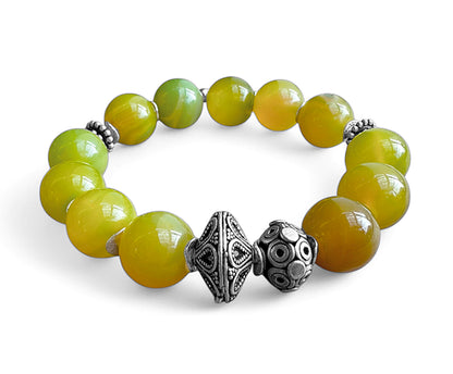 Achat Armband Ethno Boho Grün Dehnbar 925 Silber Unikat