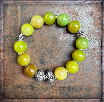 Achat Armband Ethno Boho Grün 925 Silber Dehnbar Unikat