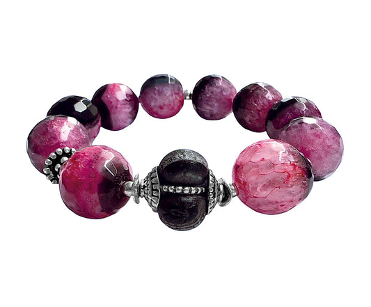 Armband Ethno Boho Achat Pink-Mix Sterling Silber Hornperle Dehnbar Unikat Schmuck Reichenberger