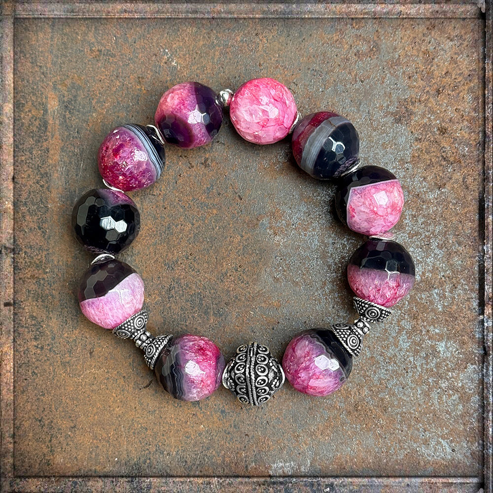 Armband Ethno Boho Achat Pink Sterling Silber Perle Dehnbar Unikat Schmuck Reichenberger