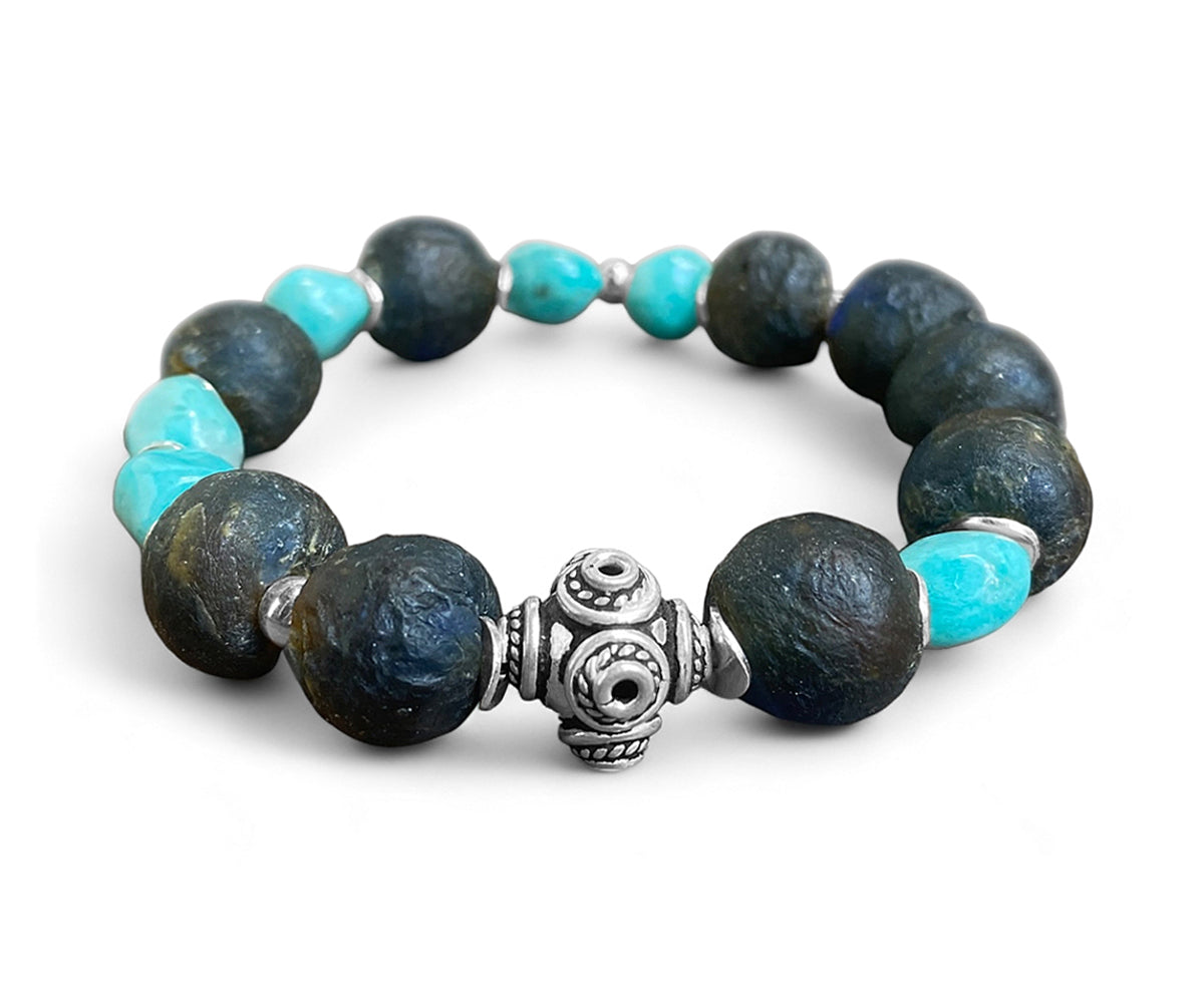 Ethno Boho Armband Amazonit Türkis Glasperlen Braun 925 Sterling Silber Dehnbar Unikat