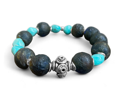 Ethno Boho Armband Amazonit Türkis Glasperlen Braun 925 Sterling Silber Dehnbar Unikat