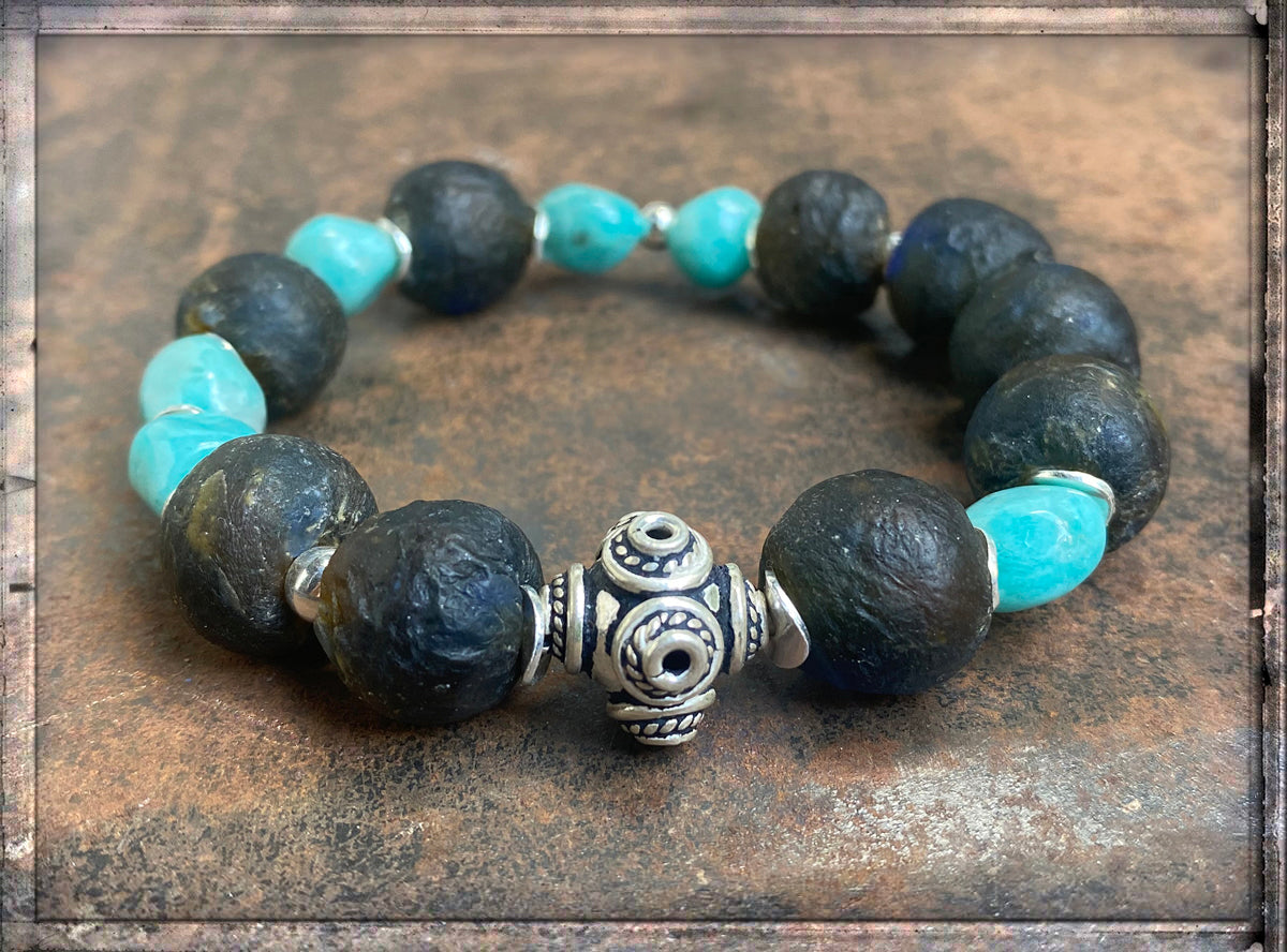 Ethno Boho Armband Amazonit Türkis Glasperlen Braun 925 Silber Dehnbar Unikat