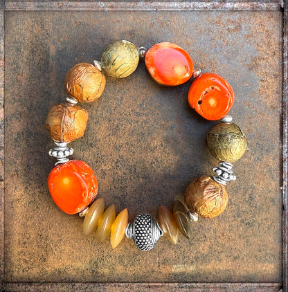 Armband Ethno Bambuskoralle Orange Lederperlen Horn Dehnbar Unikat 925 Silber Schmuck Reichenberger