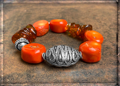 Ethno Boho Armband Bambuskoralle Orange Bernstein 925 Silber Unikat Dehnbar