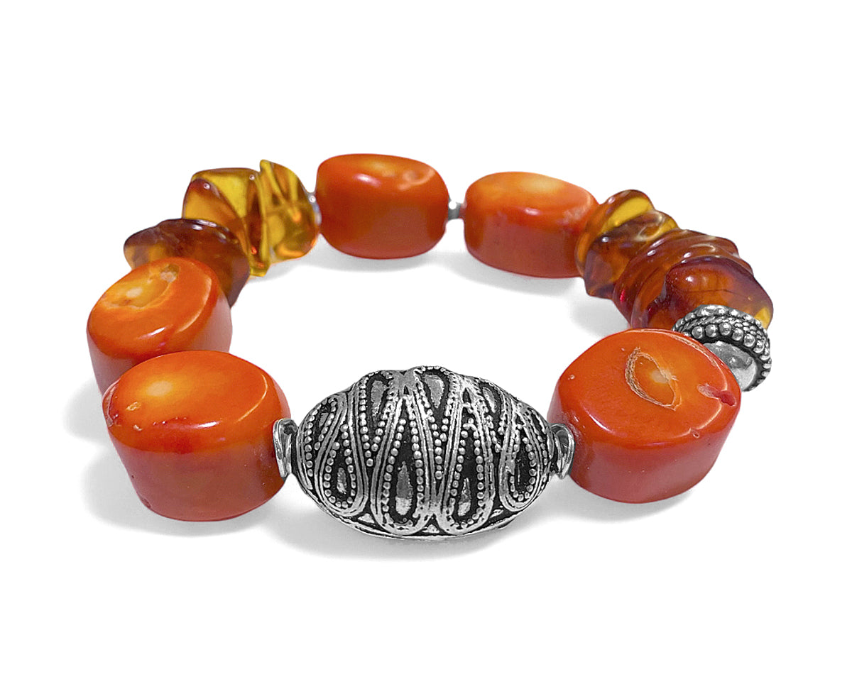 Ethno Boho Armband Bambuskoralle Orange Bernstein 925 Sterling Silber Unikat Dehnbar